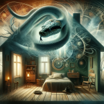 A symbolic and mysterious image representing the theme of dreaming about snakes in a house. The scene depicts an eerie and slightly surreal domestic s