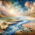 A symbolic and surreal representation of dreaming about a drying river. The image depicts a dream-like scene with a riverbed gradually becoming dry, s