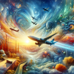 A symbolic and surreal representation of dreaming about airplane travel. The image depicts a dream-like scene with an airplane flying through the sky,
