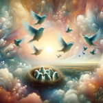 A symbolic and surreal representation of dreaming about baby birds. The image shows a dream-like, serene setting where a nest with baby birds is the f