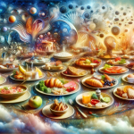 A symbolic and surreal representation of dreaming about dishes of food. The image depicts a dreamy, ethereal setting with various plates of food, each