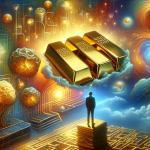 A symbolic and surreal representation of dreaming about gold bars. The image depicts a dream-like scene with a person discovering or contemplating gol