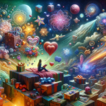 A symbolic and surreal representation of dreaming about receiving gifts. The image depicts a dream-like scene with a person surrounded by various gift