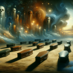 A symbolic and thought-provoking image representing the concept of dreaming about coffins. The scene is set in a surreal, atmospheric environment that