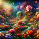 A vibrant and enchanting image representing the concept of dreaming about a garden full of flowers. The scene is set in a lush, dreamlike garden that