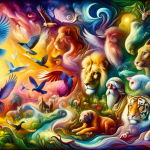 A vibrant and insightful image representing the concept of dreaming about various animals. The scene is set in a surreal, metaphorical environment tha