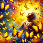 A vibrant and inspirational representation of dreaming about yellow butterflies. The scene includes a lively and colorful background, showing a person