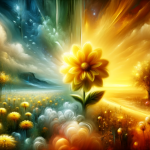 A vibrant and symbolic image representing the concept of dreaming about a yellow flower. The scene is set in a dreamy, surreal landscape that captures