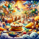 A vibrant and symbolic representation of dreaming about a celebration with food, capturing the themes of joy, abundance, and fulfillment. The image de