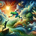 A vibrant and symbolic representation of the psychological meaning of dreaming about a frog jumping on you. The scene is set in a dynamic, nature-insp