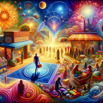 A vibrant and symbolic representation of the psychological meaning of dreaming about shopping. The scene is set in a colorful, dreamlike marketplace,