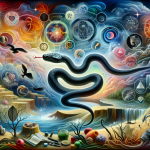 A visual representation of a psychological and symbolic analysis of a dream about a fleeing snake. The image includes symbolic elements like a dreamy
