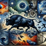 A visual representation of the interpretation of dreams involving a black bull. The image includes symbolic elements like a powerful black bull, repre