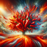 A vivid and evocative image representing the theme of dreaming about red pepper. The scene should depict a dynamic and somewhat mystical setting, with