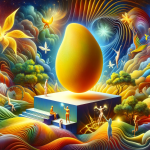 A vivid and symbolic representation of the psychological meaning of dreaming about yellow mangoes. The scene depicts a dreamlike, colorful landscape,