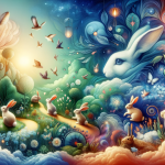 A whimsical and symbolic image representing the concept of dreaming about rabbits. The scene should depict a dreamy and vibrant environment, with rabb