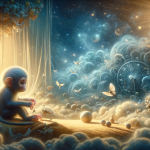 A whimsical and symbolic image representing the theme of dreaming about a small monkey. The scene depicts a playful and somewhat mystical setting with