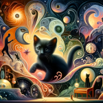 A whimsical and thoughtful depiction of the psychological meaning of dreaming about a black kitten. The scene is set in a mystical, dreamlike environm