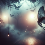 An ethereal and dreamlike scene featuring a mystical black butterfly, symbolizing transformation and introspection. The setting is enigmatic, with sof