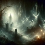 An evocative and mystical image that represents the theme of dreaming about malevolent spirits. The scene depicts a shadowy and ethereal environment,