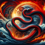 The image should capture the theme ‘Deciphering the Enigma of Dreams The Red and Black Snake’. Create a surreal, dreamlike scene featuring a red and