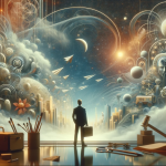 The image should visually depict the theme ‘Dream Reflections Rediscovering the Past Through Dreams of Former Jobs’. Create a surreal, symbolic scene