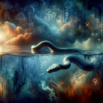 a mysterious and evocative image representing the concept of dreaming about a snake in water. The scene includes a surreal, enigmatic backgroun
