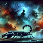 a surreal and intense image representing the concept of dreaming about a scorpion sting. The scene includes a dreamlike, mysterious background