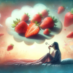 dreamlike and surreal image representing the concept of dreaming about eating strawberries. The scene includes a serene, ethereal background