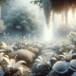 serene and tranquil image depicting the concept of dreaming about white flowers. The scene is set in a dreamlike, peaceful garden filled with variou