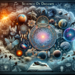 A conceptual and educational image representing the science of dreams. The scene should depict a collage of elements symbolizing different aspects of